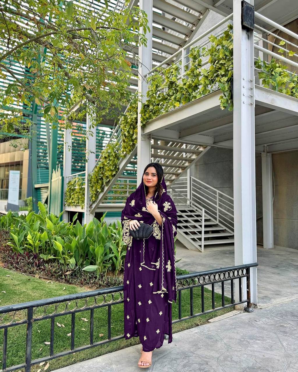 Purple Premium Designer Party Wear Faux Georgette Top, Bottom & Dupatta Set Clothsvilla
