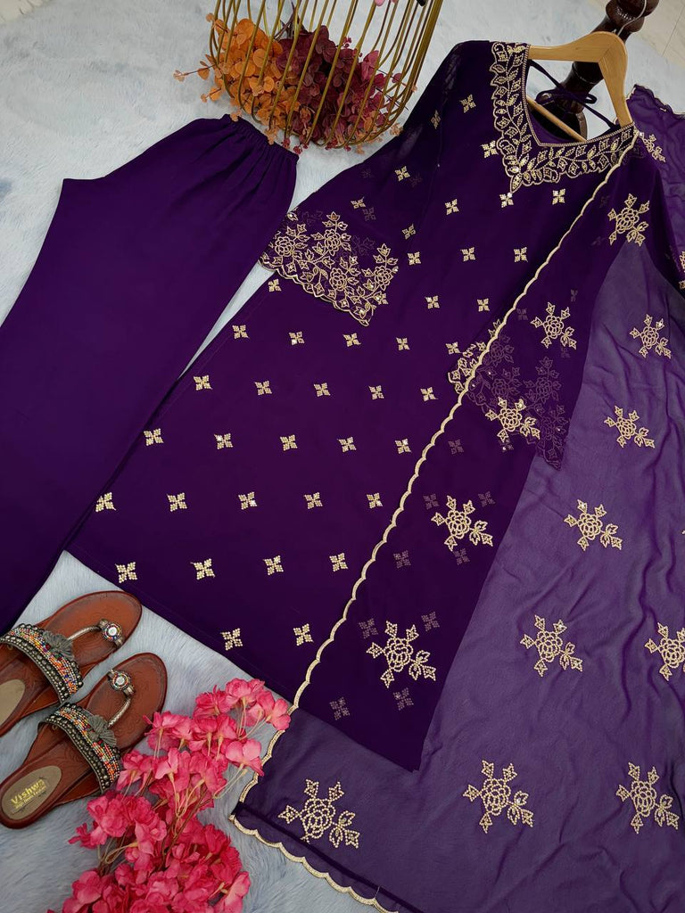 Purple Premium Designer Party Wear Faux Georgette Top, Bottom & Dupatta Set Clothsvilla