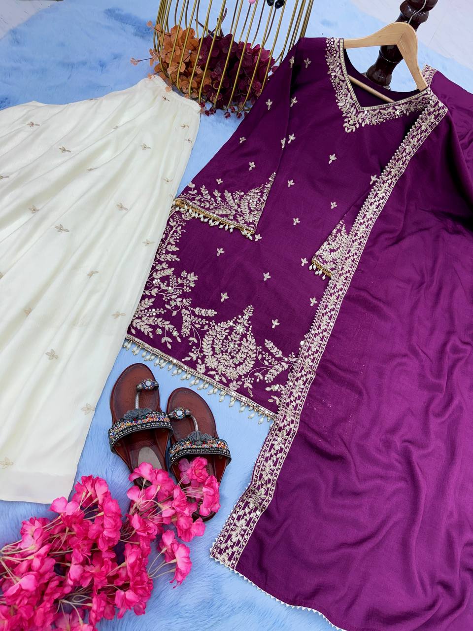 Purple Premium Designer Party Wear Heavy Chinon Silk Top, Palazzo & Dupatta Set