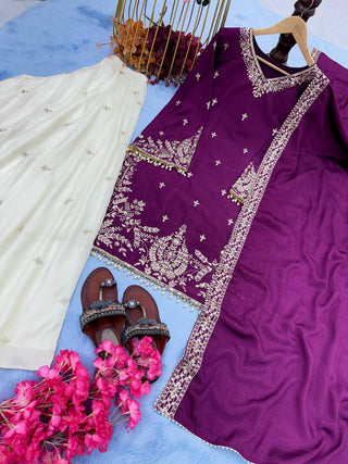 Purple Premium Designer Party Wear Heavy Chinon Silk Top, Palazzo & Dupatta Set