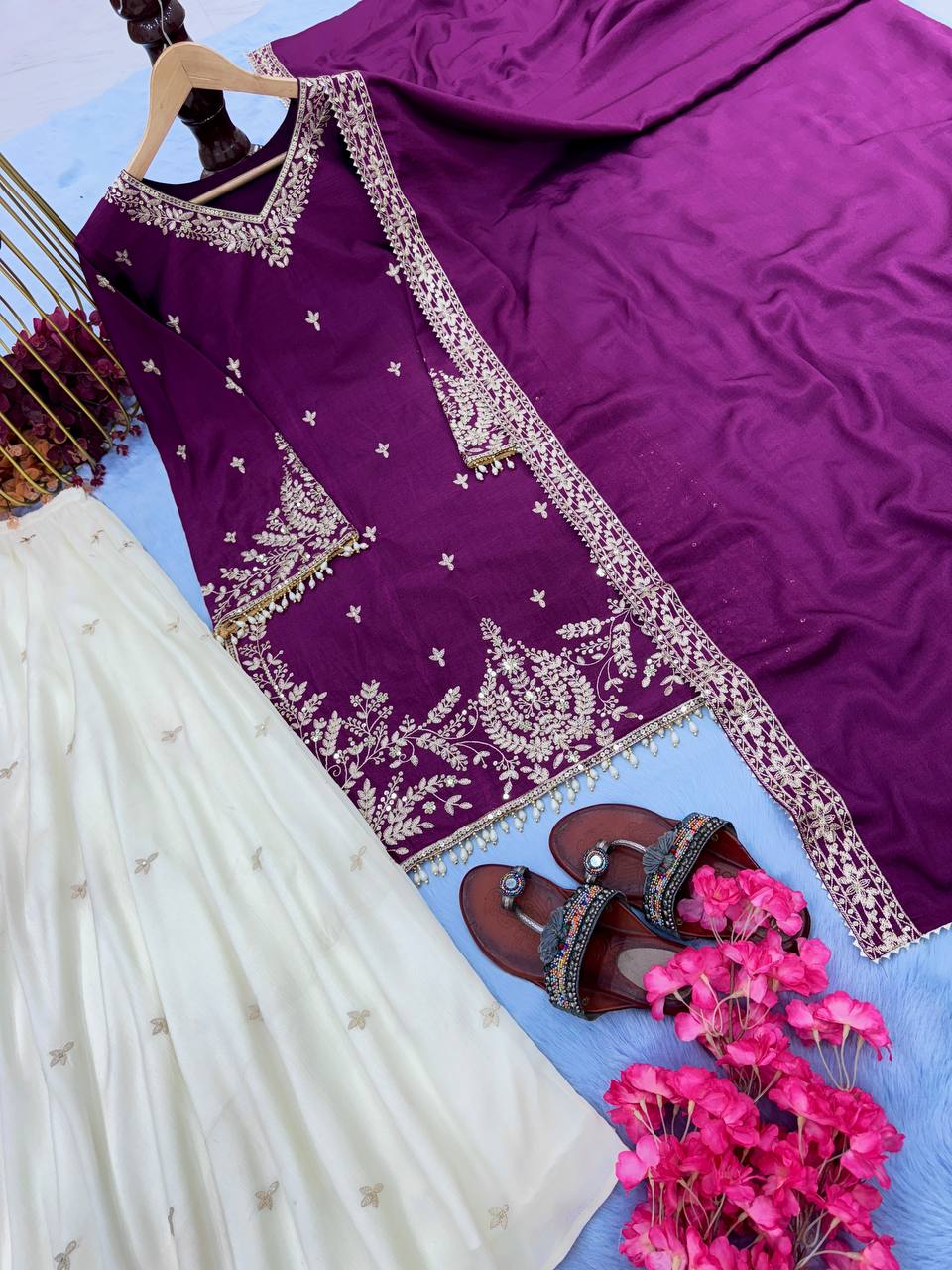 Purple Premium Designer Party Wear Heavy Chinon Silk Top, Palazzo & Dupatta Set