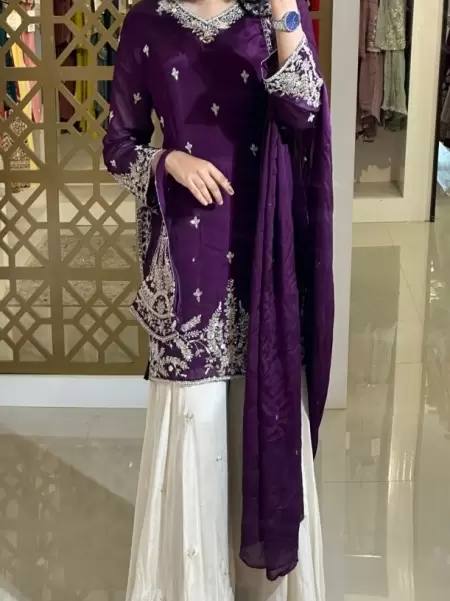 Purple Premium Designer Party Wear Heavy Chinon Silk Top, Palazzo & Dupatta Set Main image