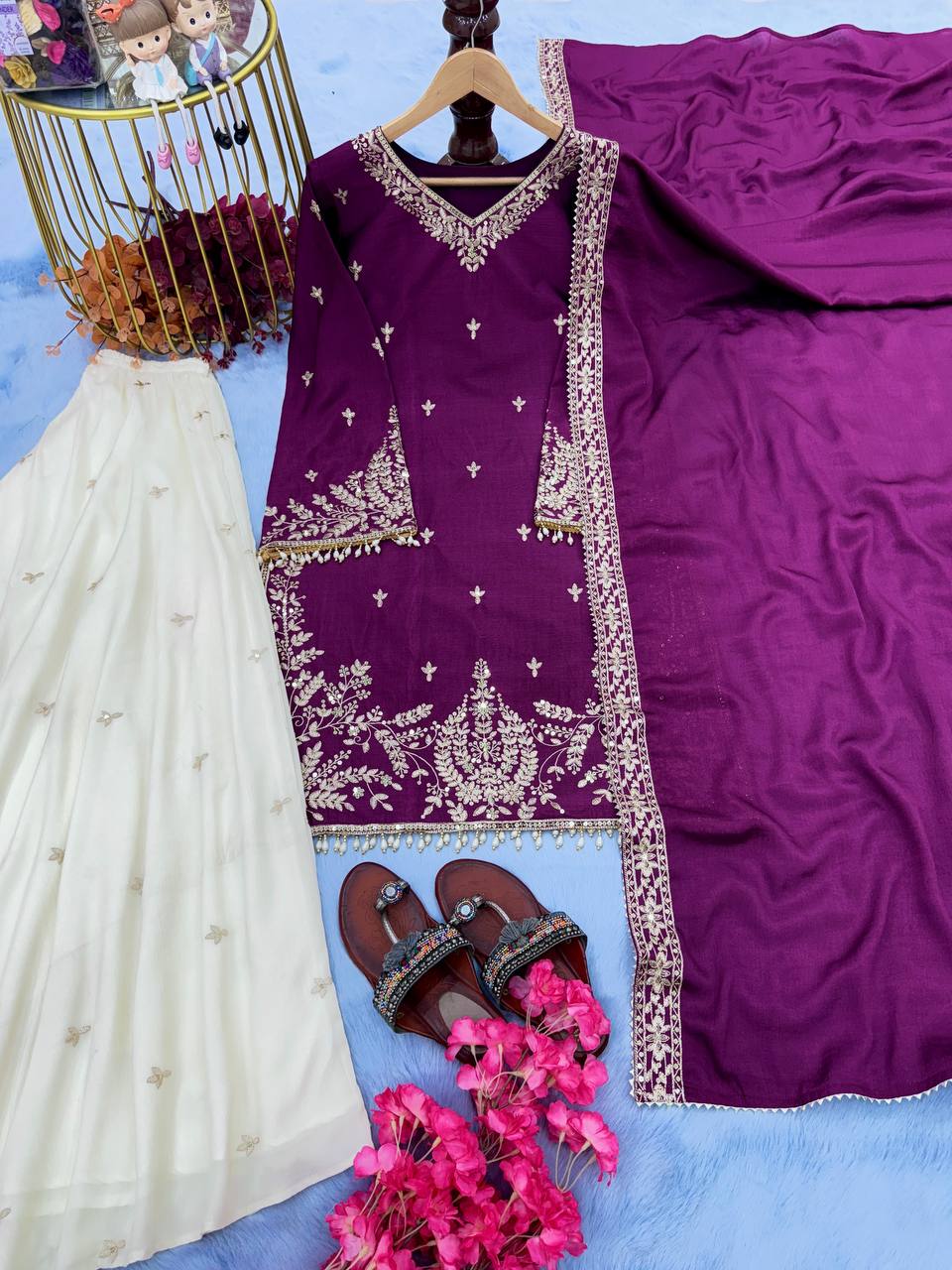 Purple Premium Designer Party Wear Heavy Chinon Silk Top, Palazzo & Dupatta Set
