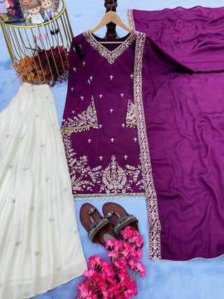 Purple Premium Designer Party Wear Heavy Chinon Silk Top, Palazzo & Dupatta Set