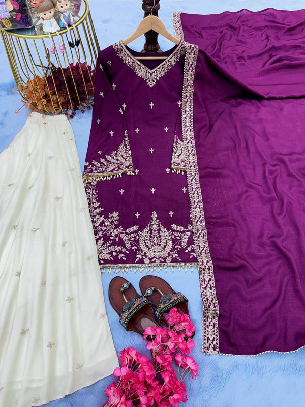 Purple Premium Designer Party Wear Heavy Chinon Silk Top, Palazzo & Dupatta Set