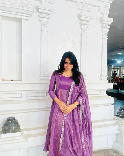 Purple Premium Designer Party Wear Pur Twil Gold Net Anarkali Gown, Dupatta Set – Elegant Festive Look ClothsVilla