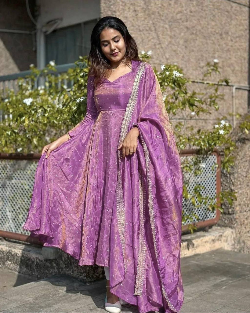 Purple Premium Designer Party Wear Pur Twil Gold Net Anarkali Gown, Dupatta Set – Elegant Festive Look ClothsVilla