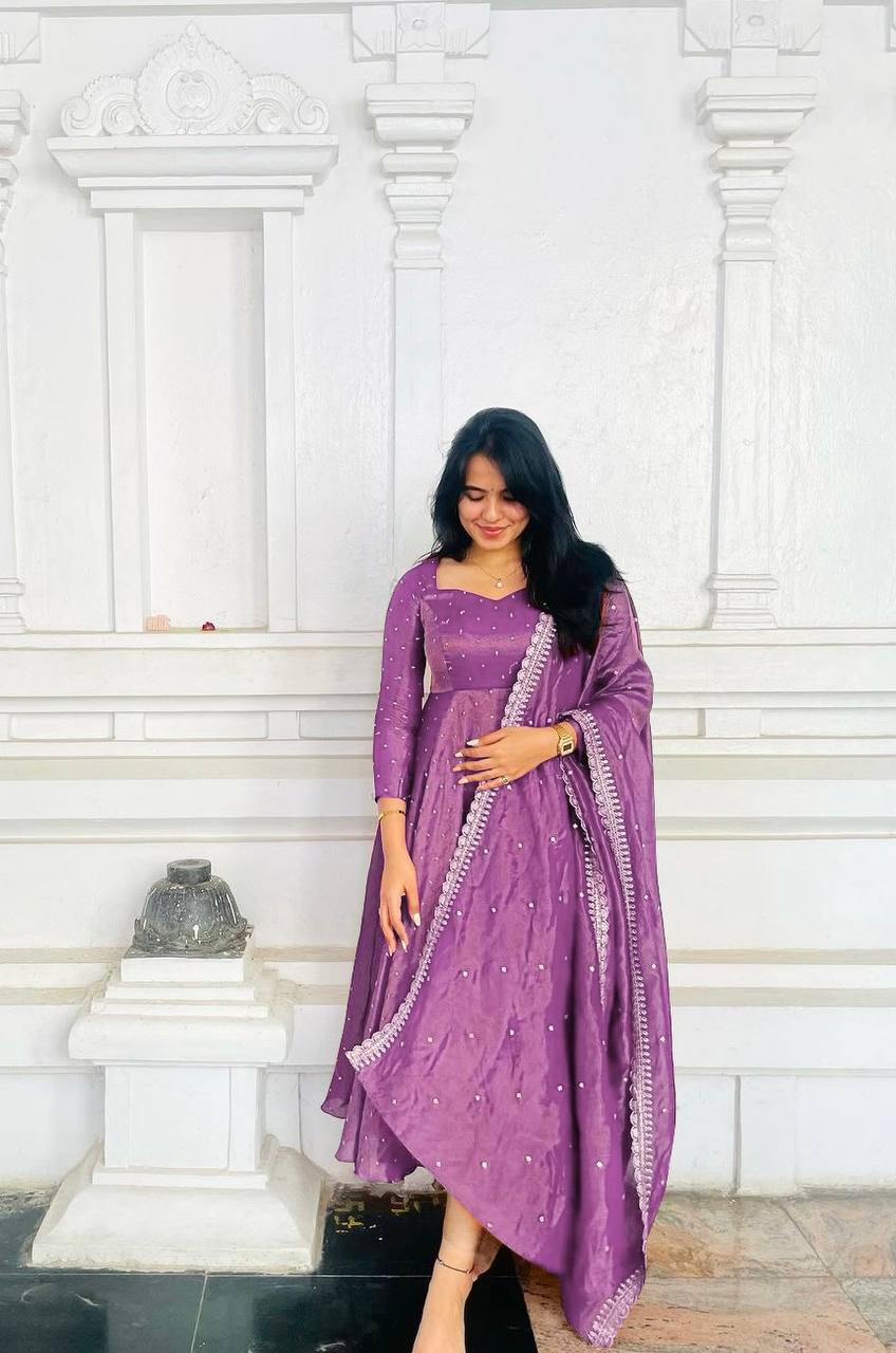 Purple Premium Designer Party Wear Pur Twil Gold Net Anarkali Gown, Dupatta Set – Elegant Festive Look ClothsVilla