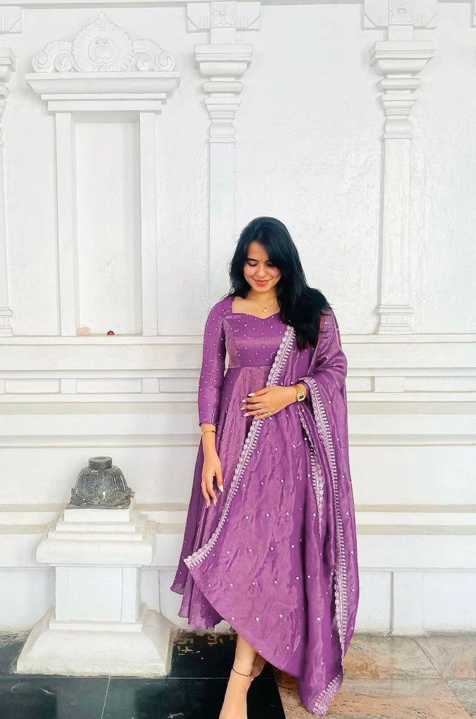 Purple Premium Designer Party Wear Pur Twil Gold Net Anarkali Gown, Dupatta Set – Elegant Festive Look ClothsVilla