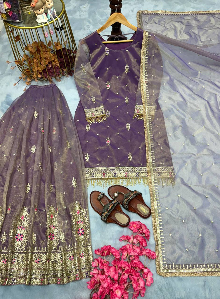 Purple Premium Designer Party Wear Top, Plazzo & Dupatta Set - Pur Twil Gold Net Collection Clothsvilla