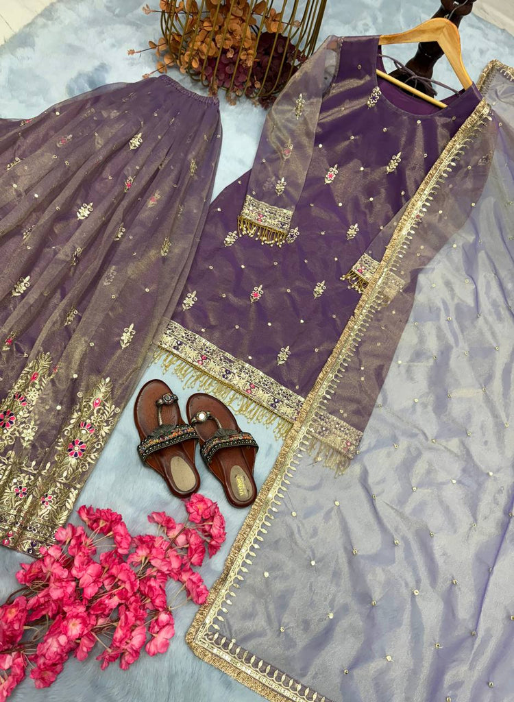 Purple Premium Designer Party Wear Top, Plazzo & Dupatta Set - Pur Twil Gold Net Collection Clothsvilla