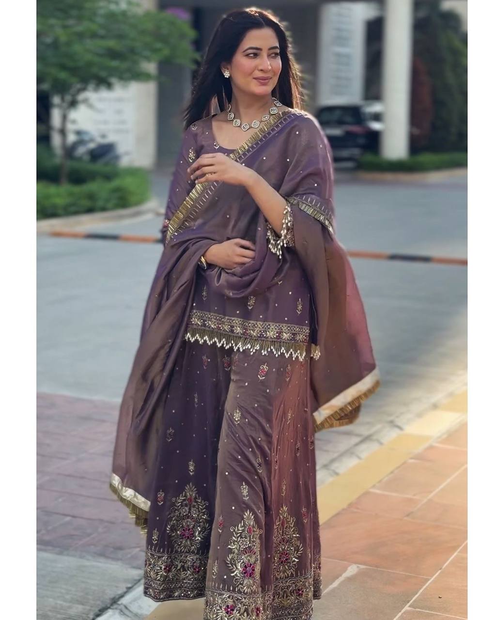 Purple Premium Designer Party Wear Top, Plazzo & Dupatta Set - Pur Twil Gold Net Collection Secondary image