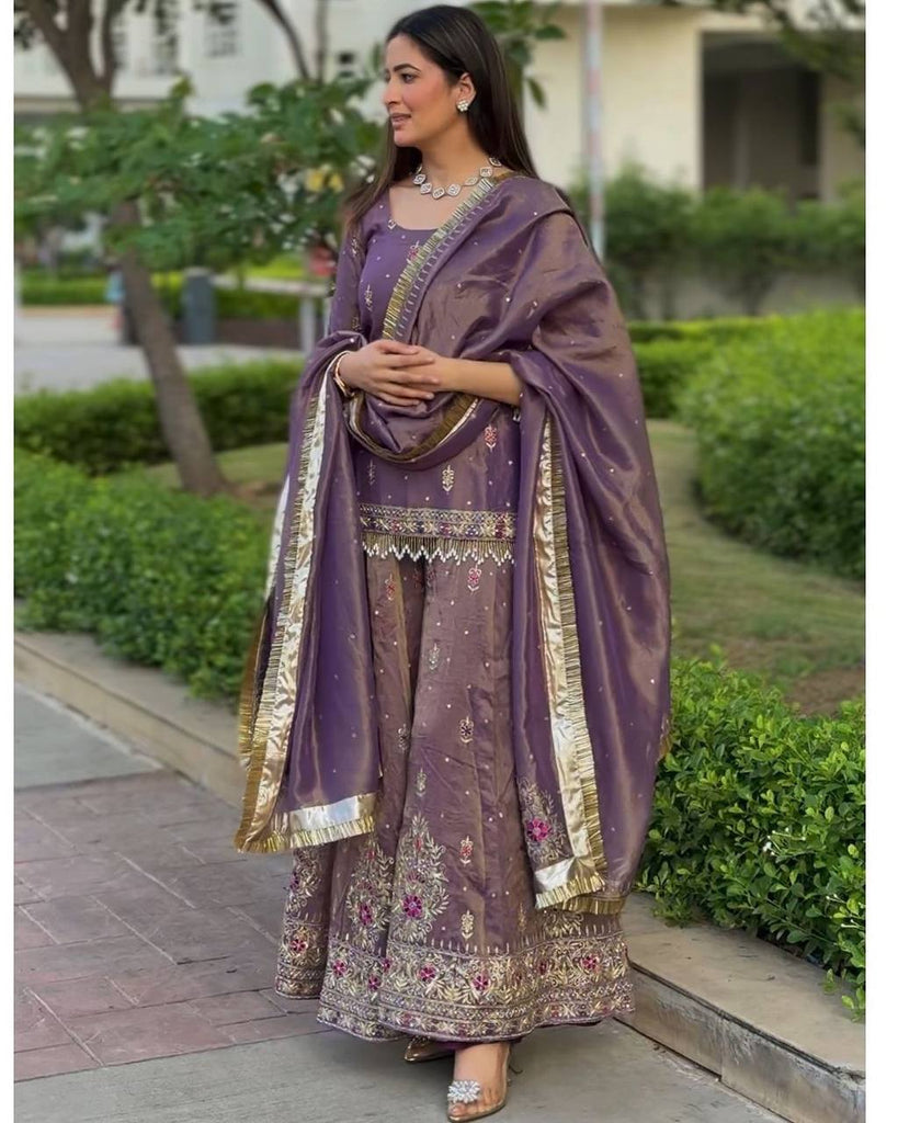 Purple Premium Designer Party Wear Top, Plazzo & Dupatta Set - Pur Twil Gold Net Collection Clothsvilla