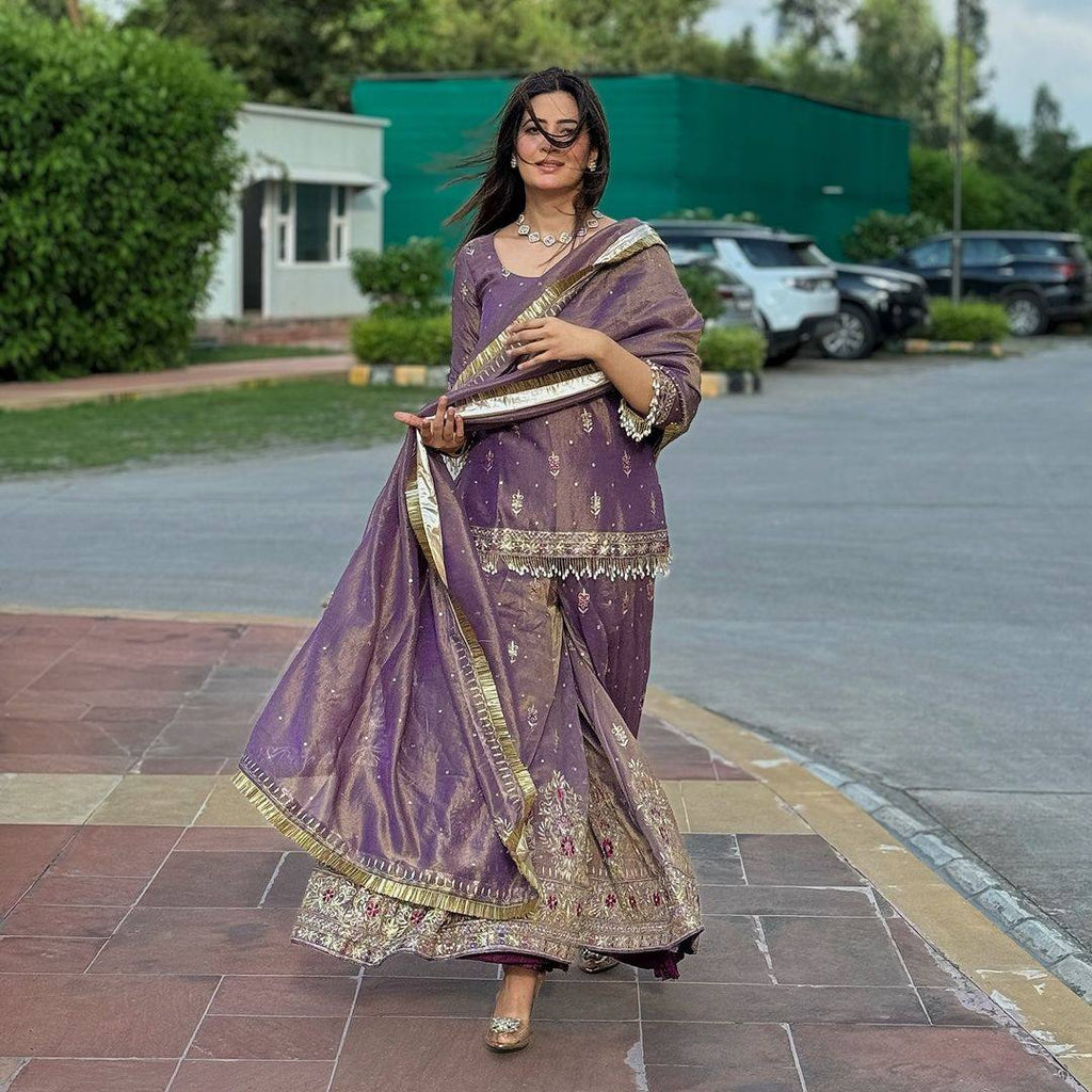 Purple Premium Designer Party Wear Top, Plazzo & Dupatta Set - Pur Twil Gold Net Collection Clothsvilla