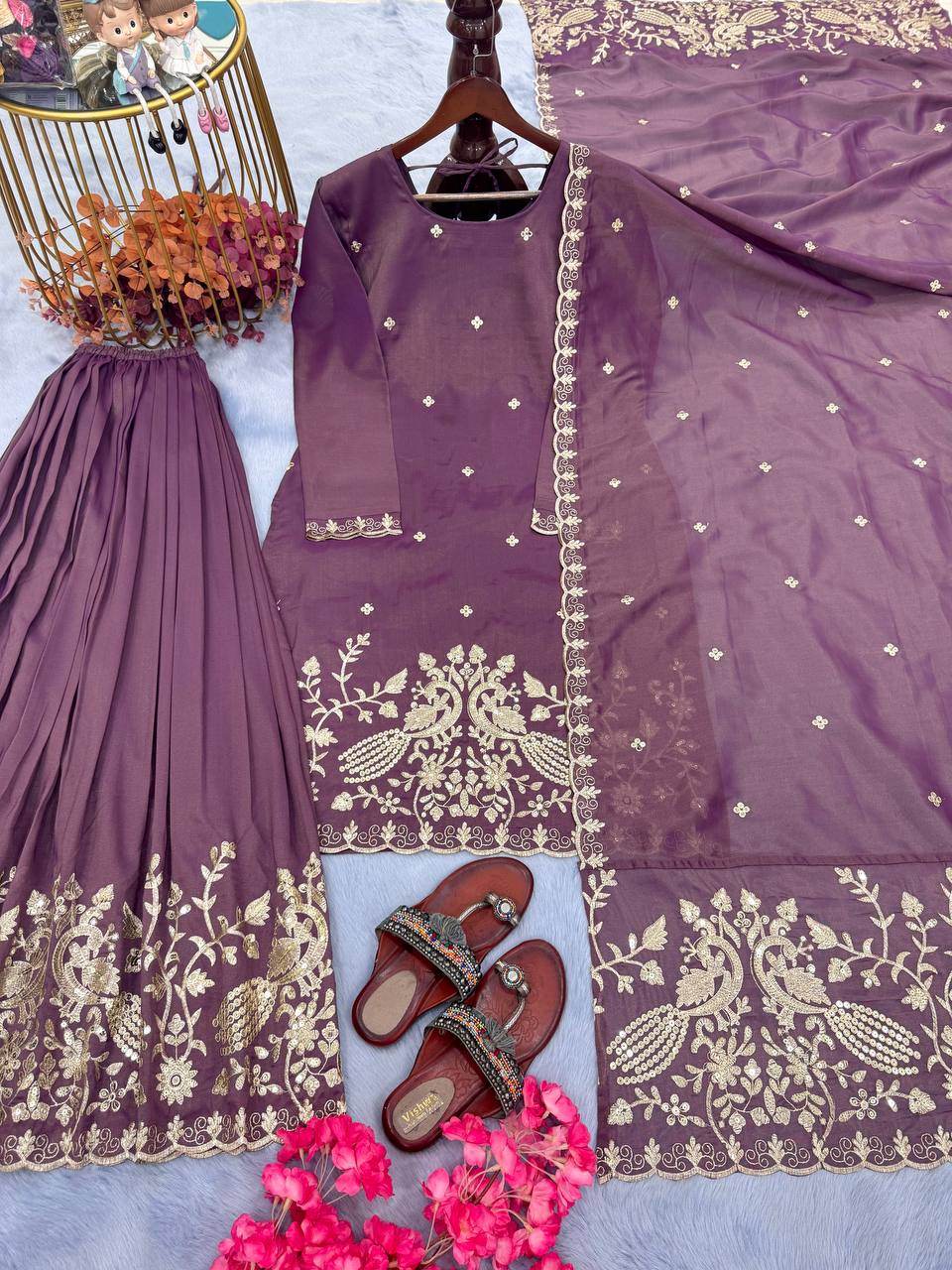 Purple Premium Designer Party Wear Twil Gold Net Top, Palazzo & Dupatta Set Clothsvilla Main image