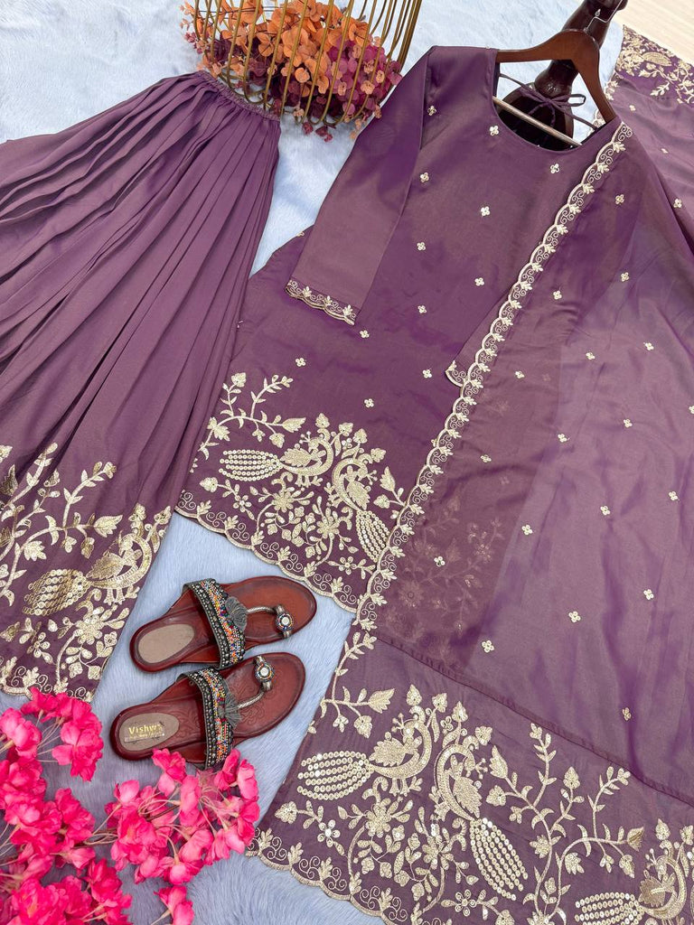 Purple Premium Designer Party Wear Twil Gold Net Top, Palazzo & Dupatta Set Clothsvilla