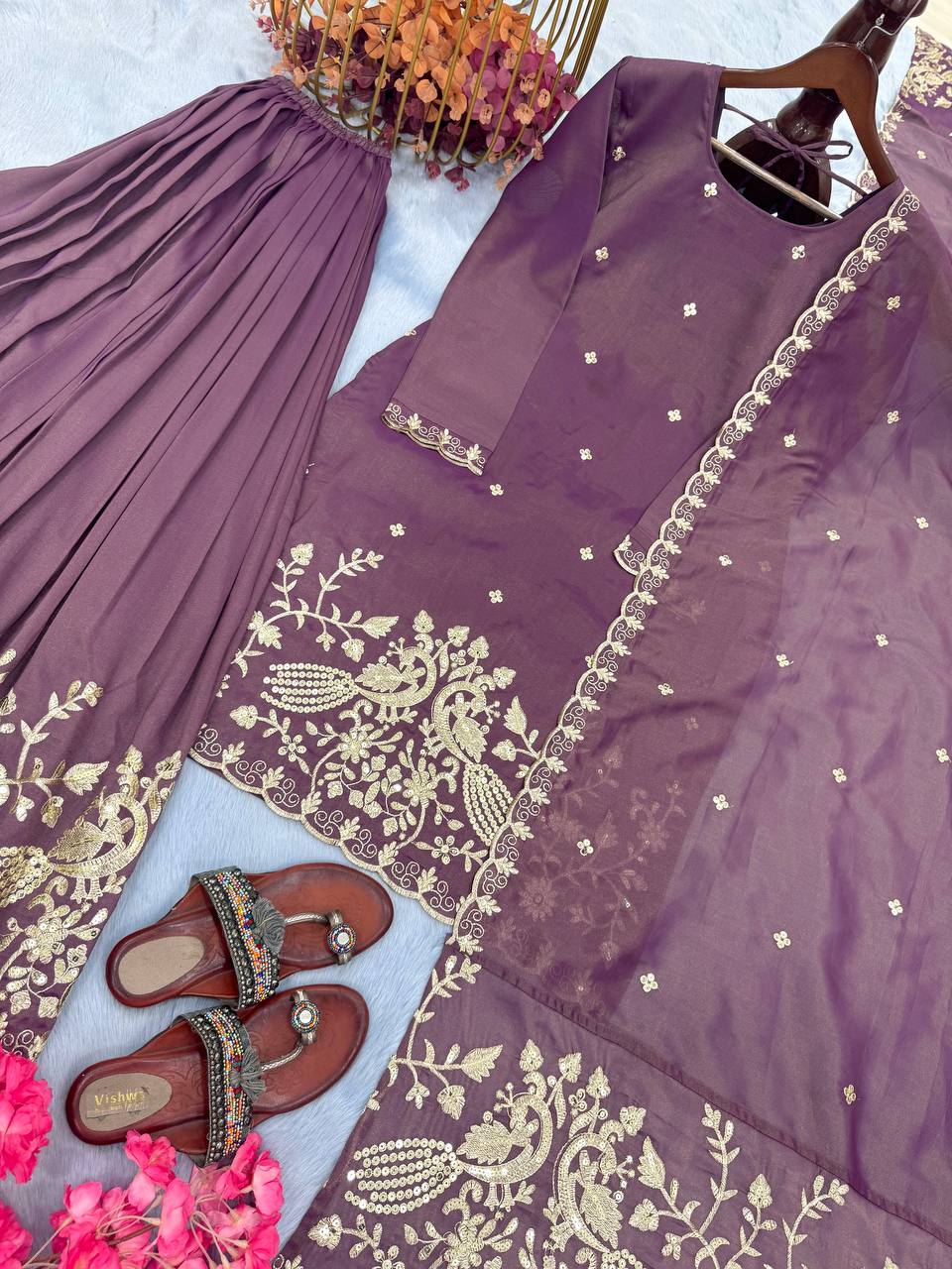 Purple Premium Designer Party Wear Twil Gold Net Top, Palazzo & Dupatta Set Clothsvilla