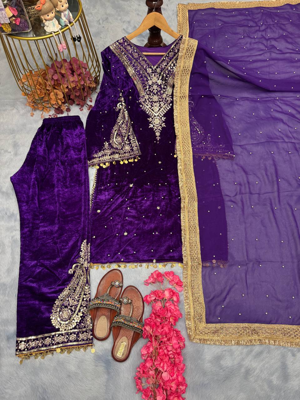 Purple  Premium Designer Party Wear Velvet Top, Palazzo & Dupatta Set Secondary image