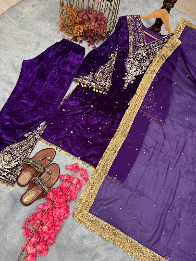 Purple  Premium Designer Party Wear Velvet Top, Palazzo & Dupatta Set Clothsvilla