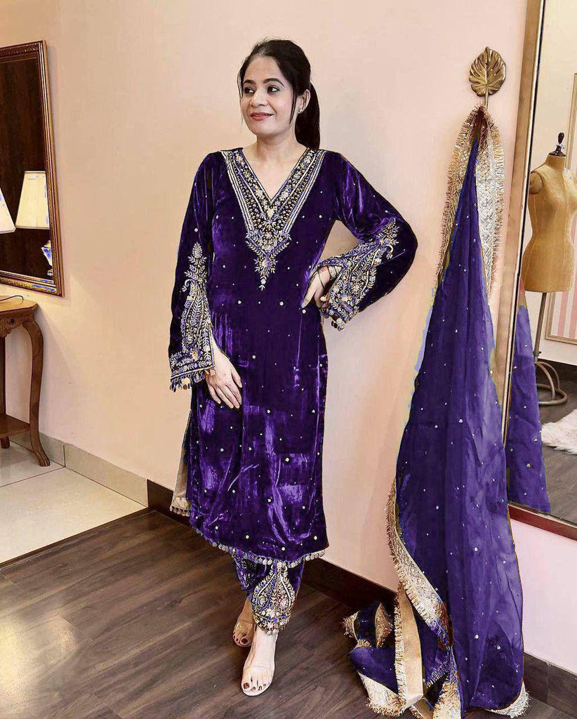 Purple  Premium Designer Party Wear Velvet Top, Palazzo & Dupatta Set Clothsvilla