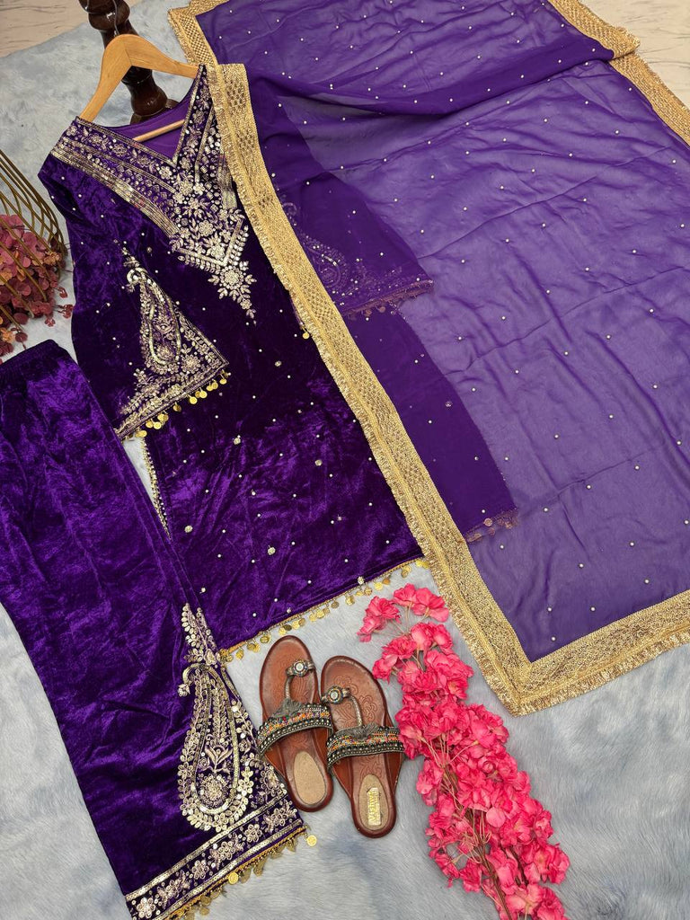 Purple  Premium Designer Party Wear Velvet Top, Palazzo & Dupatta Set Clothsvilla