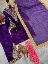 Load image into Gallery viewer, Purple  Premium Designer Party Wear Velvet Top, Palazzo &amp; Dupatta Set Clothsvilla