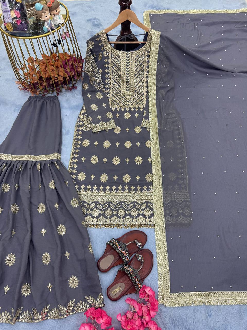 Purple Premium Designer Readymade Georgette Top, Sharara, Dupatta Set Clothsvilla Main image