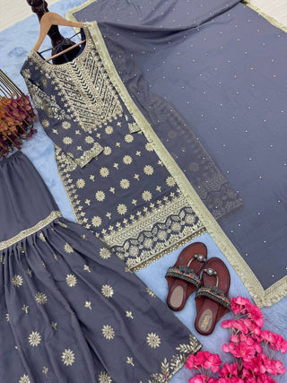 Purple Premium Designer Readymade Georgette Top, Sharara, Dupatta Set Clothsvilla