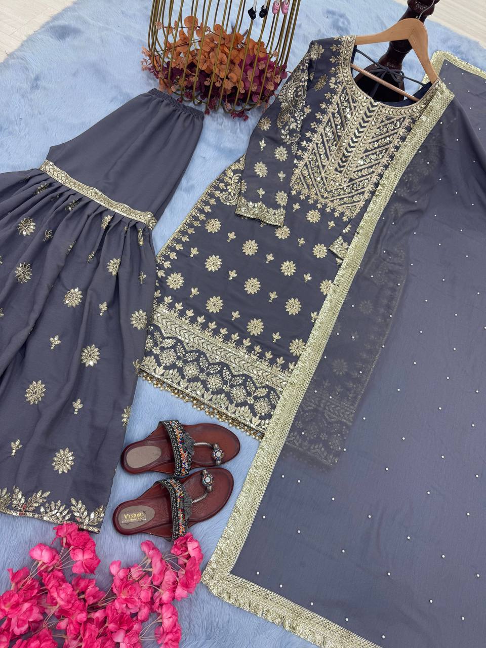 Purple Premium Designer Readymade Georgette Top, Sharara, Dupatta Set Clothsvilla