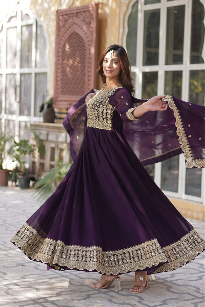 Purple Premium Designer Readymade Gown with Dupatta Collection Elegant Embroidered Faux Blooming Design Clothsvilla