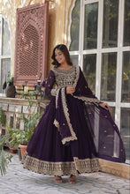 Load image into Gallery viewer, Purple Premium Designer Readymade Gown with Dupatta Collection Elegant Embroidered Faux Blooming Design Clothsvilla