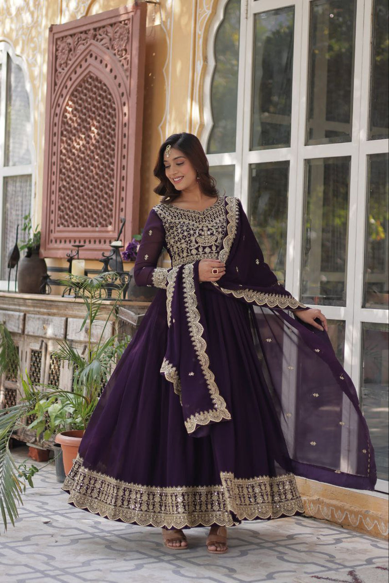 Purple Designer Readymade Gown With Dupatta In Embroidery Work