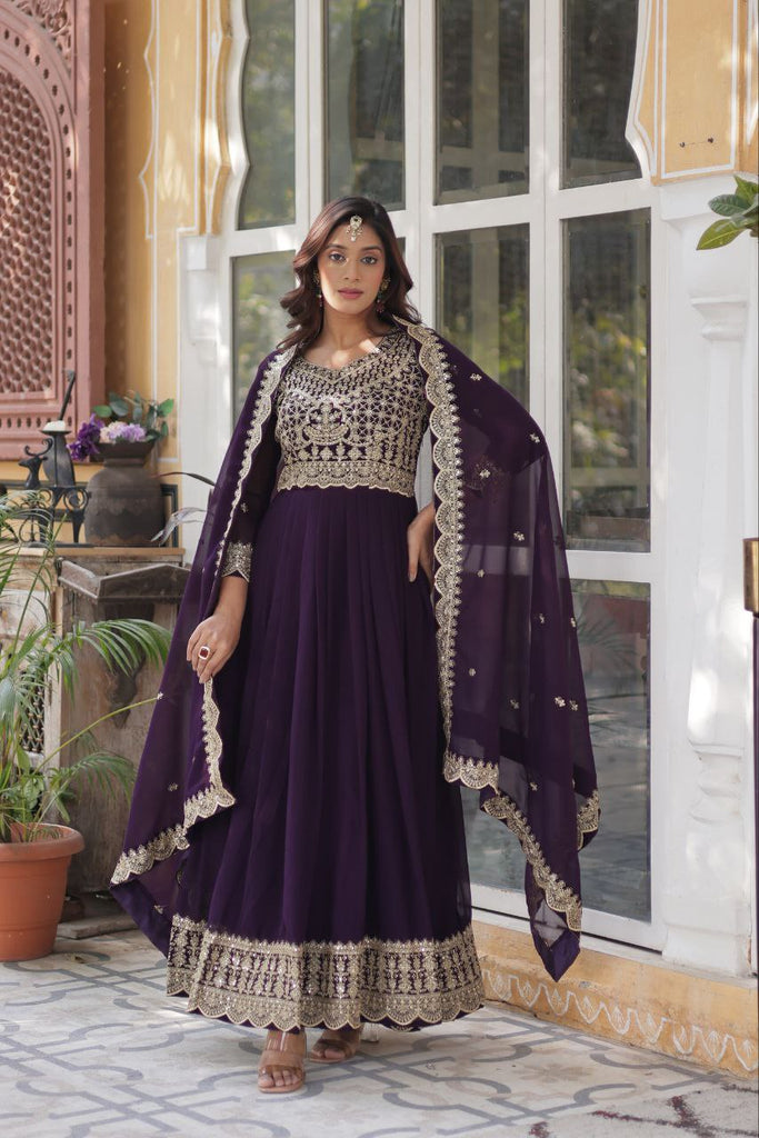 Purple Premium Designer Readymade Gown with Dupatta Collection Elegant Embroidered Faux Blooming Design Clothsvilla