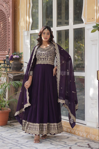 Purple Premium Designer Readymade Gown with Dupatta Collection Elegant Embroidered Faux Blooming Design Clothsvilla