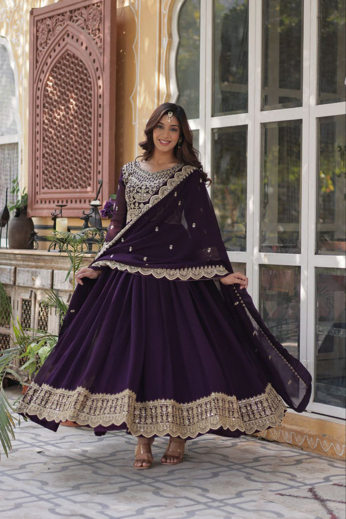 Purple Premium Designer Readymade Gown with Dupatta Collection Elegant Embroidered Faux Blooming Design Clothsvilla