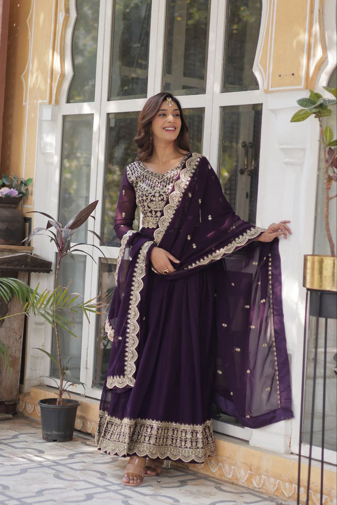 Purple Premium Designer Readymade Gown with Dupatta Collection Elegant Embroidered Faux Blooming Design Clothsvilla