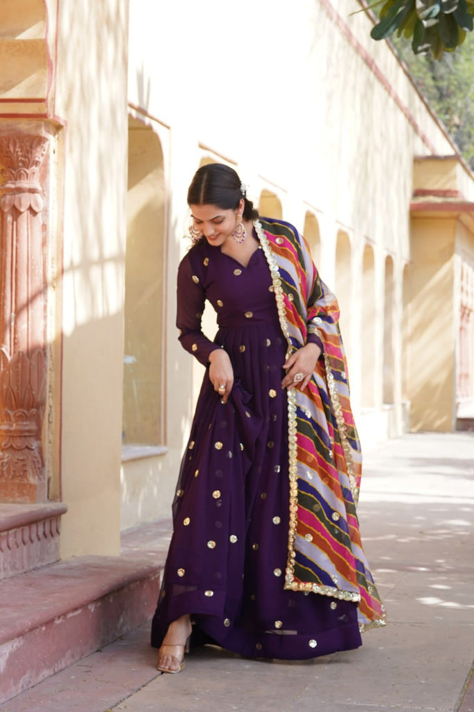 Purple Premium Designer Readymade Gown with Embroidered Zari & Sequins ClothsVilla