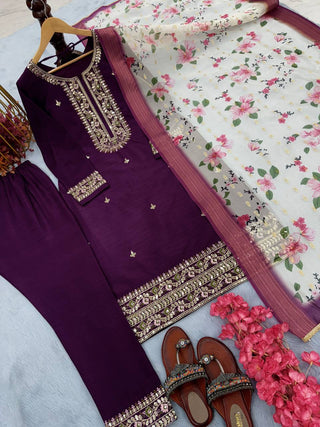 Purple Premium Designer Readymade Top & Bottom Set with Elegant Dupatta – Party Wear Collection Clothsvilla