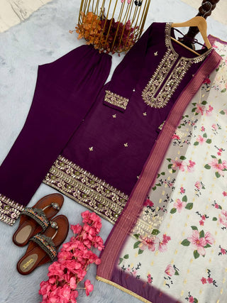 Purple Premium Designer Readymade Top & Bottom Set with Elegant Dupatta – Party Wear Collection Clothsvilla