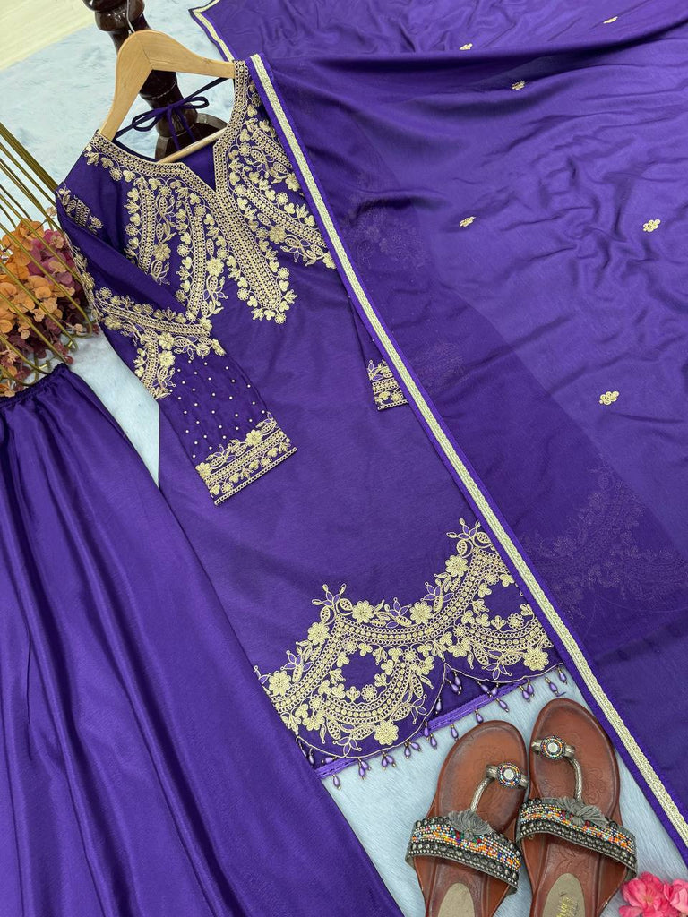 Purple Premium Designer Readymade Top, Palazzo & Dupatta Collection Elegant Party Wear in Chinon Silk Clothsvilla