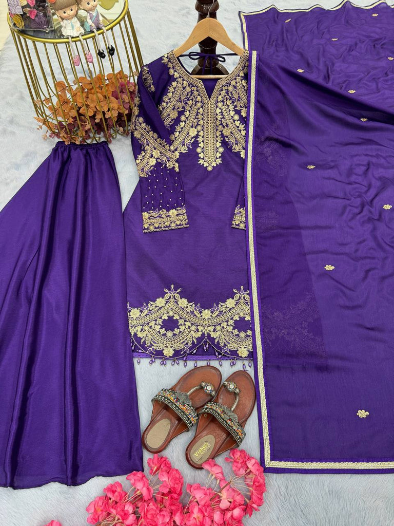 Purple Premium Designer Readymade Top, Palazzo & Dupatta Collection Elegant Party Wear in Chinon Silk Clothsvilla