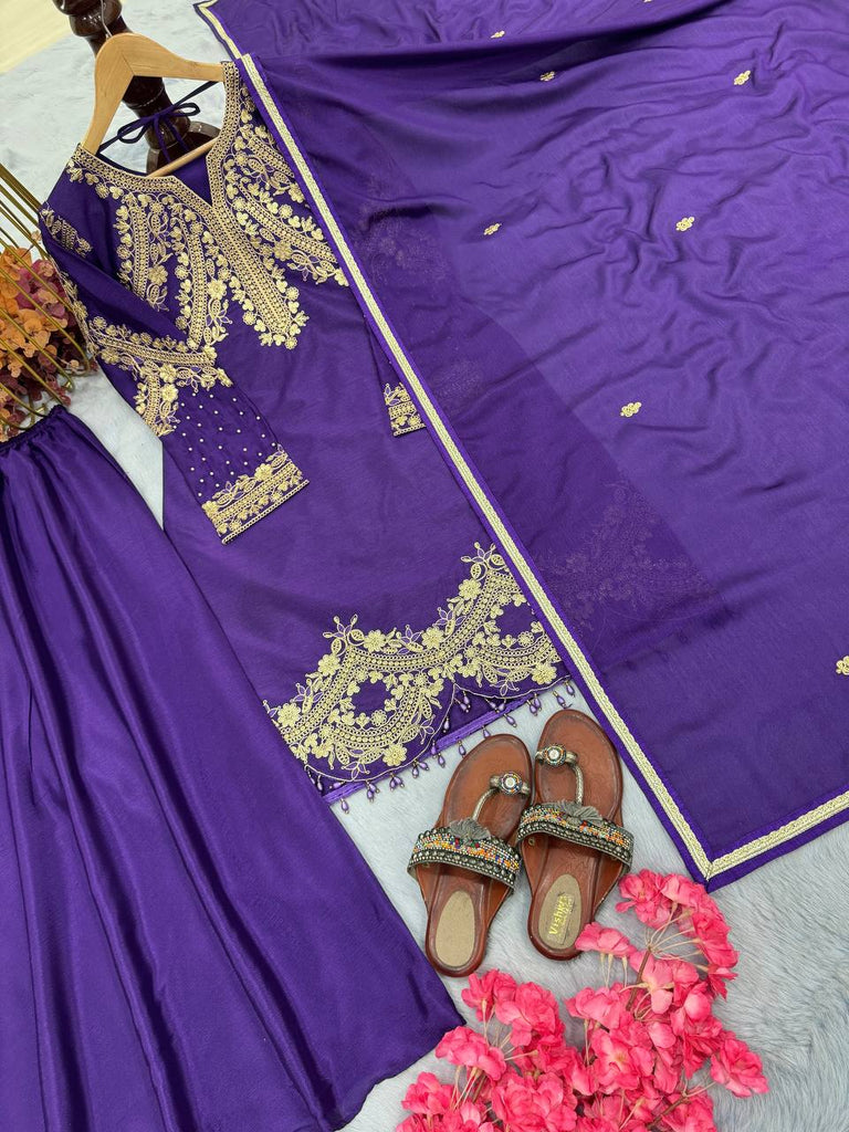 Purple Premium Designer Readymade Top, Palazzo & Dupatta Collection Elegant Party Wear in Chinon Silk Clothsvilla