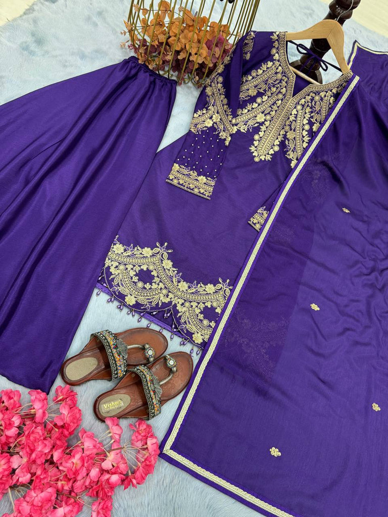 Purple Premium Designer Readymade Top, Palazzo & Dupatta Collection Elegant Party Wear in Chinon Silk Clothsvilla