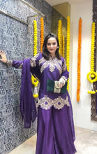 Load image into Gallery viewer, Purple Premium Designer Readymade Top, Palazzo &amp; Dupatta Collection Elegant Party Wear in Chinon Silk Clothsvilla