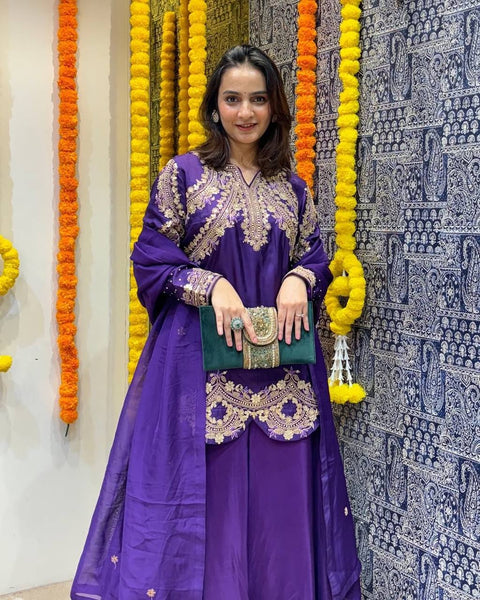 Purple Premium Designer Readymade Top, Palazzo & Dupatta Collection Elegant Party Wear in Chinon Silk Clothsvilla Main image