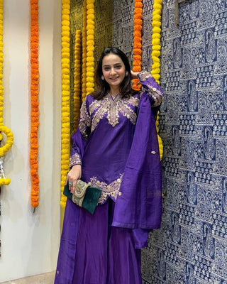 Purple Premium Designer Readymade Top, Palazzo & Dupatta Collection Elegant Party Wear in Chinon Silk Clothsvilla