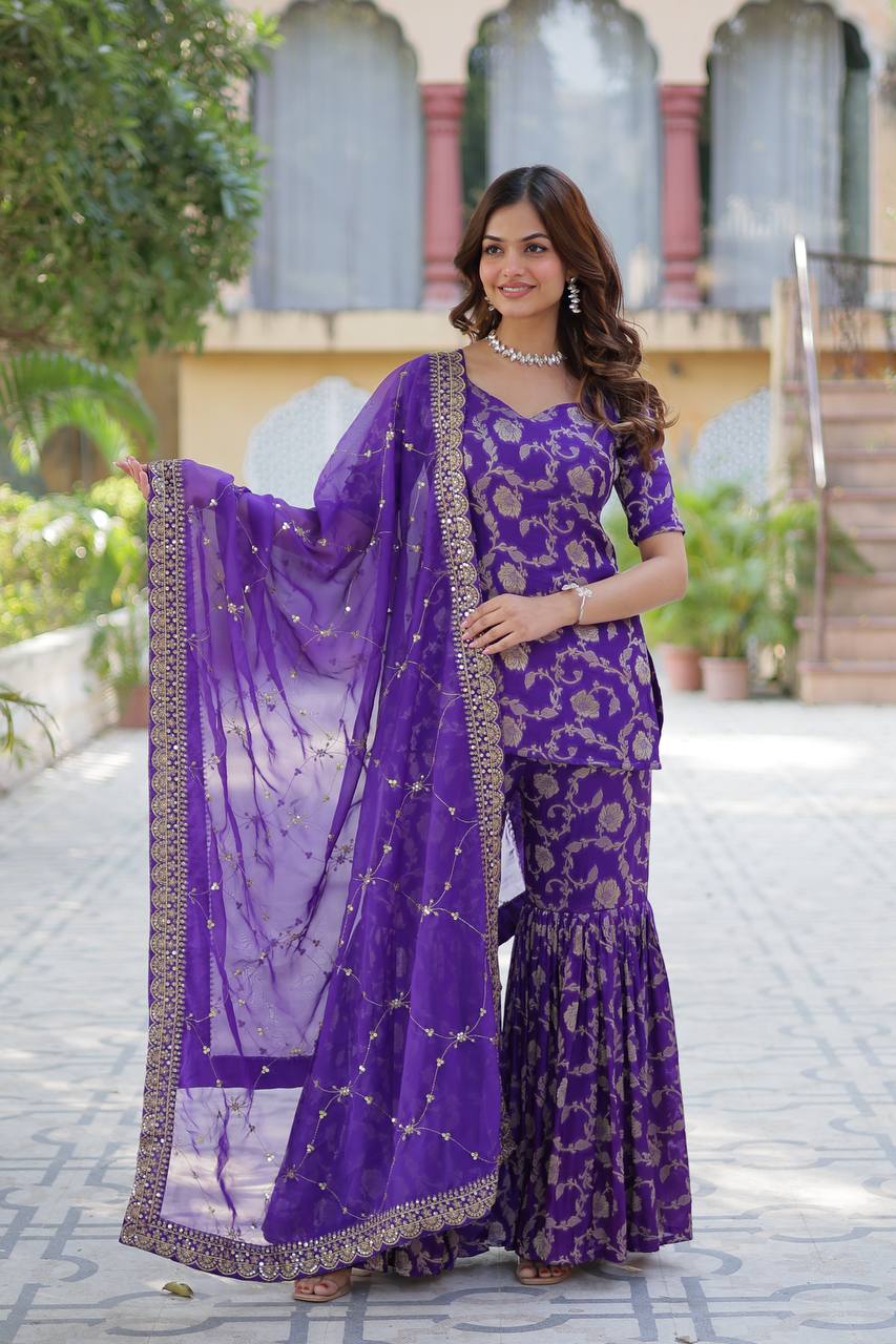 Purple Premium Designer Readymade Top-Sharara-Dupatta Collection Main image