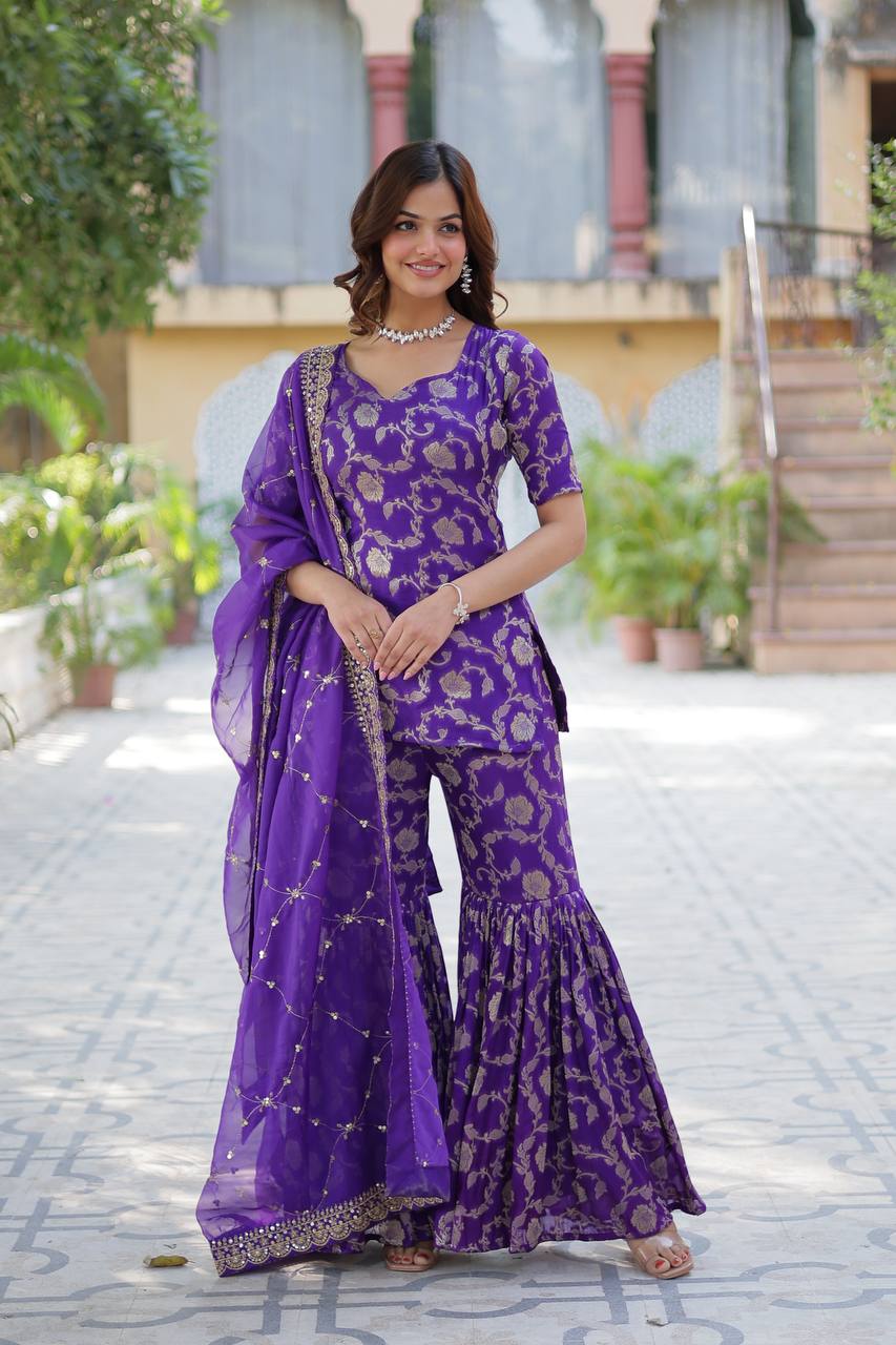 Purple Premium Designer Readymade Top-Sharara-Dupatta Collection