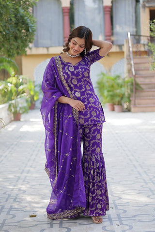 Purple Premium Designer Readymade Top-Sharara-Dupatta Collection