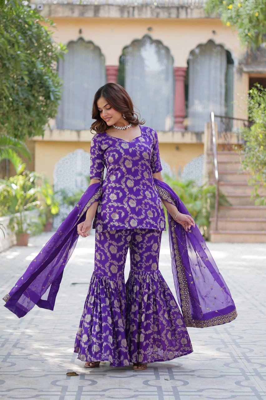 Purple Premium Designer Readymade Top-Sharara-Dupatta Collection